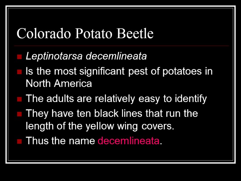 Colorado Potato Beetle Leptinotarsa decemlineata Is the most significant pest of potatoes in North